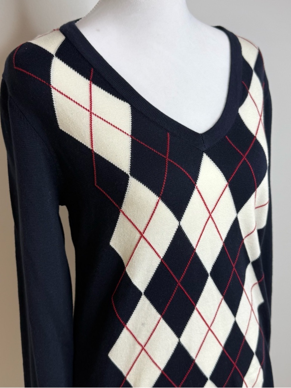 Tommy Hilfiger Black V-Neck Argyle Sweater with Cream and Red Accents - Picture 2 of 2